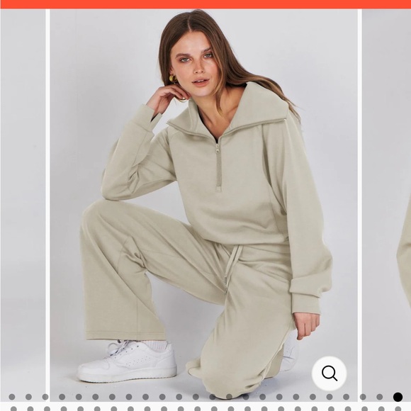 Anrabess Light Khaki 2 Piece Wide Leg Lounge Set Funnel Neck Pullover Size Small - Picture 4 of 14